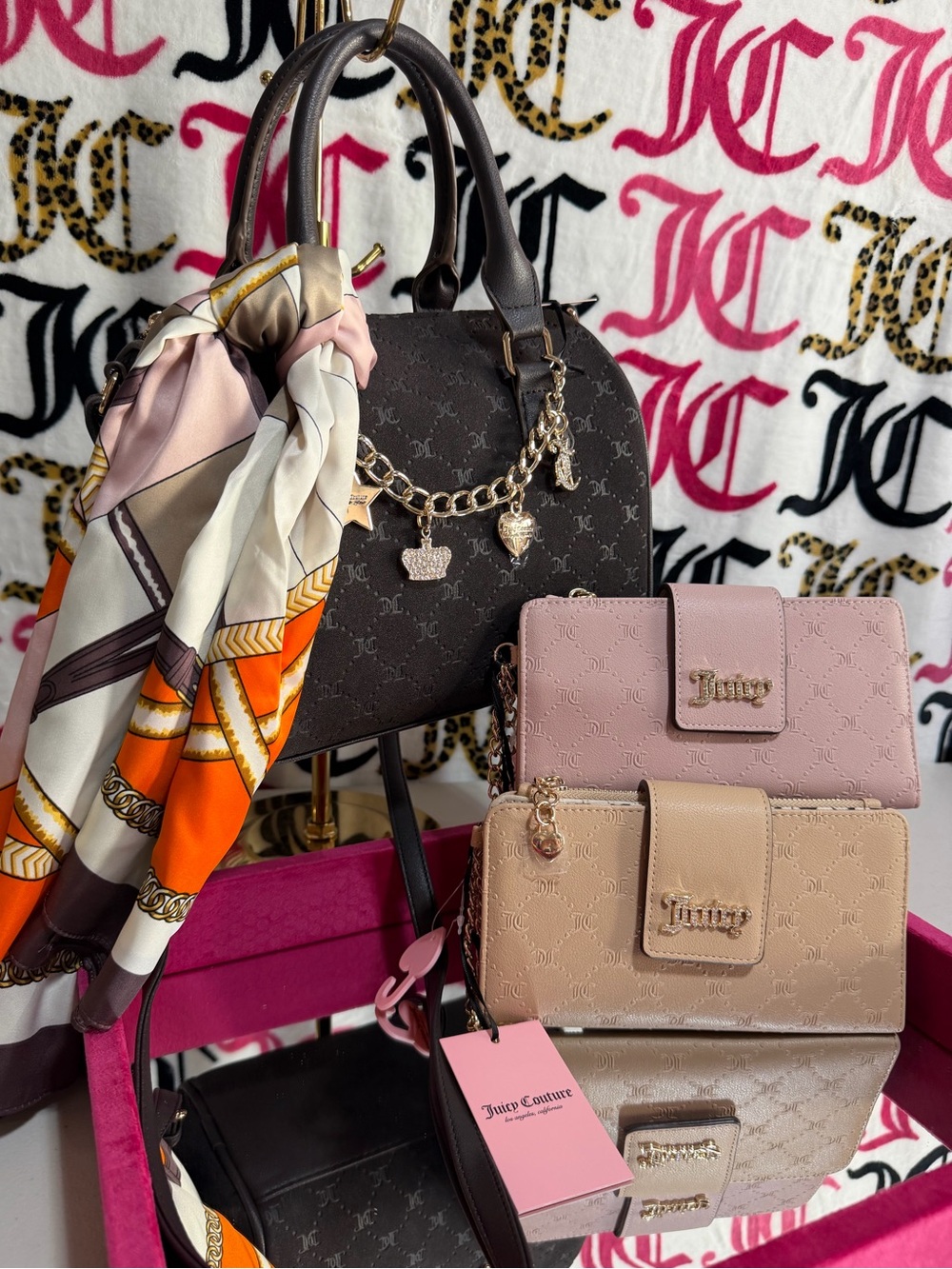 Juicy Couture Brown Monogram Dome Satchel with Pink or Beige Wallet